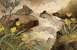 #25 ~ Brown - Untitled - Mountain Falls with Flowers