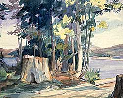 #447.1 ~ Bowman - Untitled - Lake Scene with Stump and Bridge