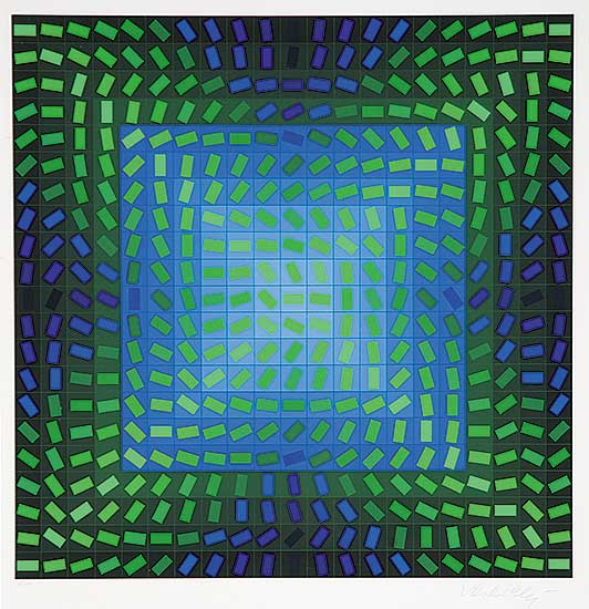 #468 ~ Vasarely - Untitled - Blue and Green Abstract  #45/100