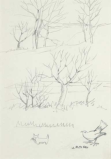 #889 ~ Mitchell - Untitled - Sketch of Trees and Dog and Scottish Terrier