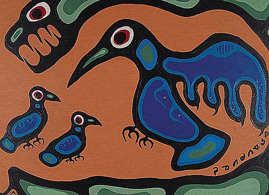 #82 ~ Morrisseau - Untitled - Thunderbirds and Bird Family on Brown Background