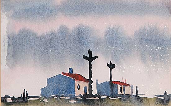 #529 ~ Genn - Untitled -Totem Poles and Houses with a Pink Sky
