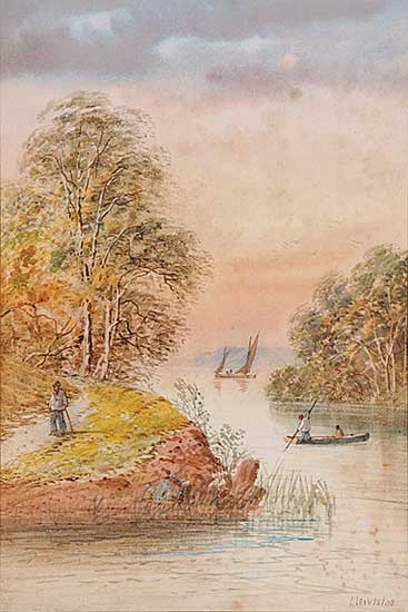 #730 ~ Lewis - Untitled - Men on a Path with Boats in the Distance