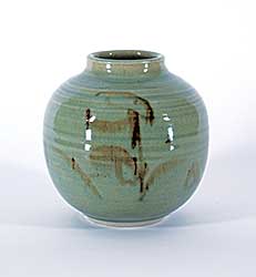 #1113 ~ Dexter - Untitled - Green Vase with Calligraphic Brown Strokes